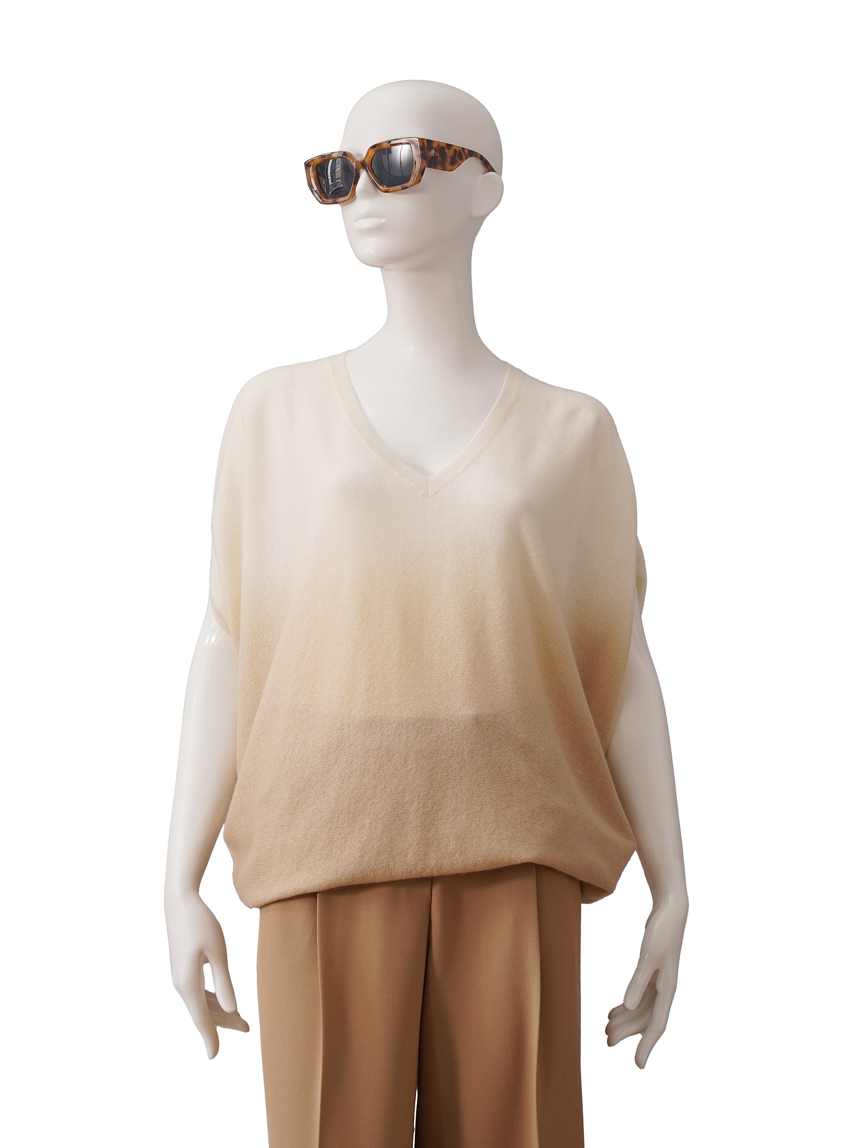 Cream/sand-colored cashmere short-sleeved V-neck